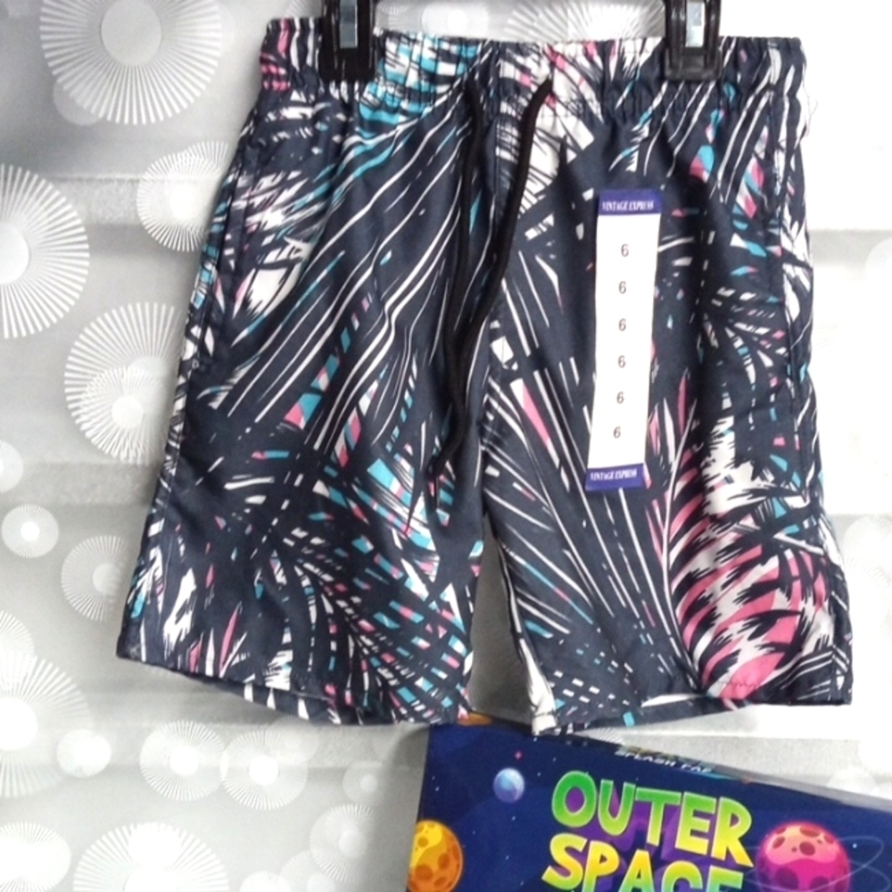 VINTAGE EXPRESS BOYS BLUE WHITE MESH LINED SWIM TRUNKS SIZE 6 NWT